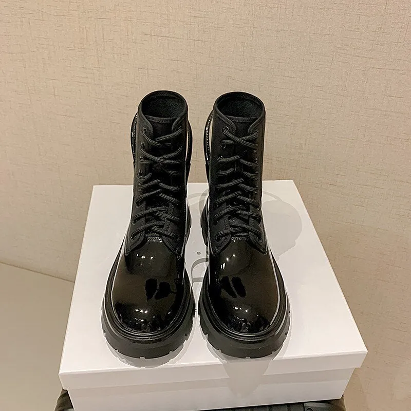Women Lace Up Patent Leather Ankle Boots