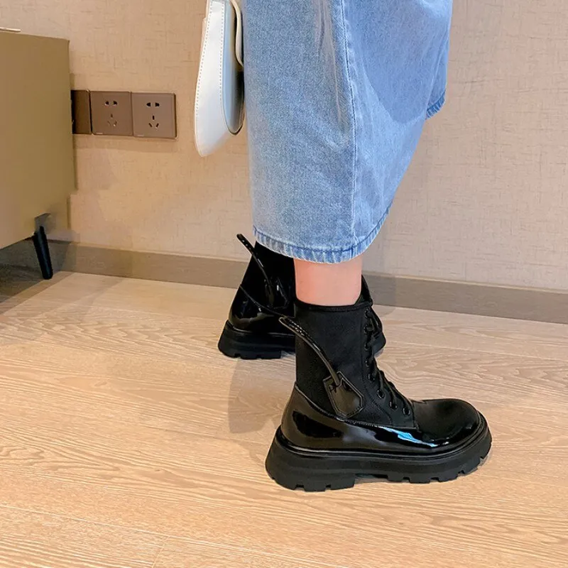 Women Lace Up Patent Leather Ankle Boots