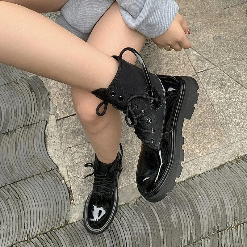 Women Lace Up Patent Leather Ankle Boots