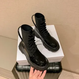 Women Lace Up Patent Leather Ankle Boots