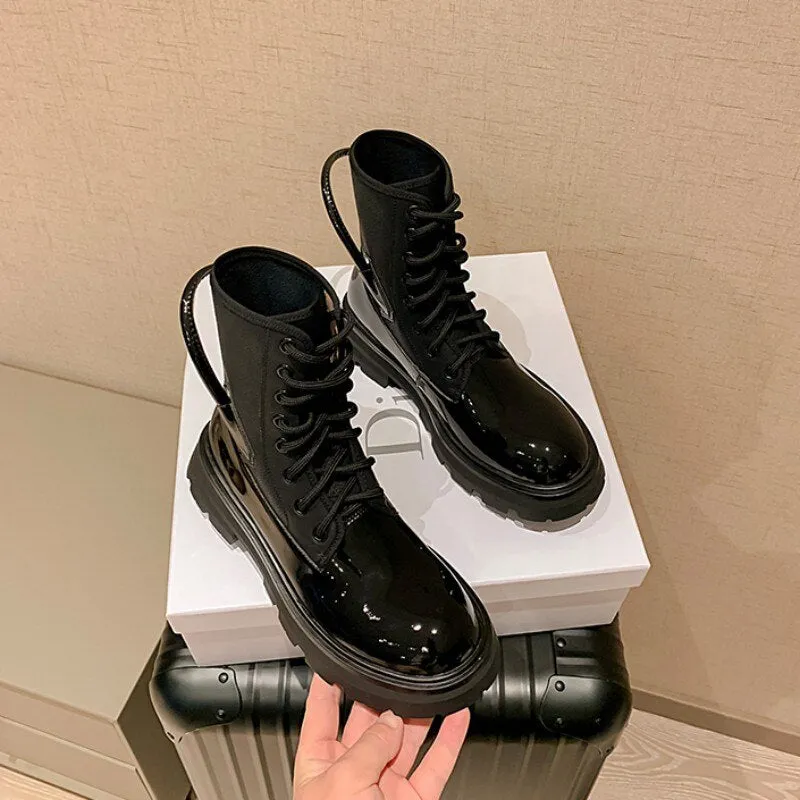 Women Lace Up Patent Leather Ankle Boots