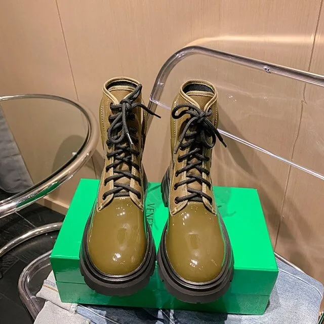 Women Lace Up Patent Leather Ankle Boots