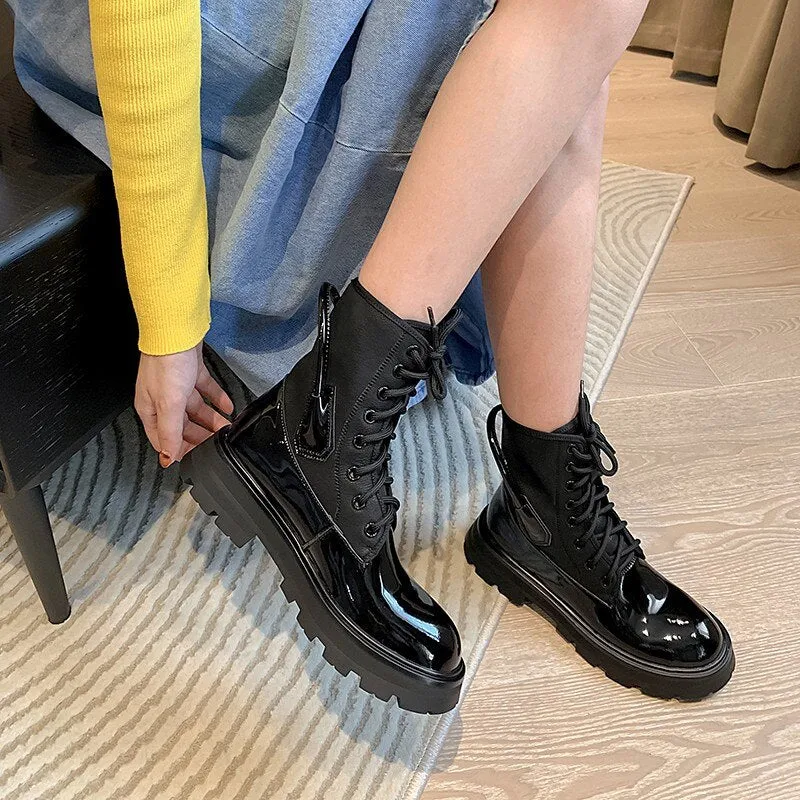 Women Lace Up Patent Leather Ankle Boots