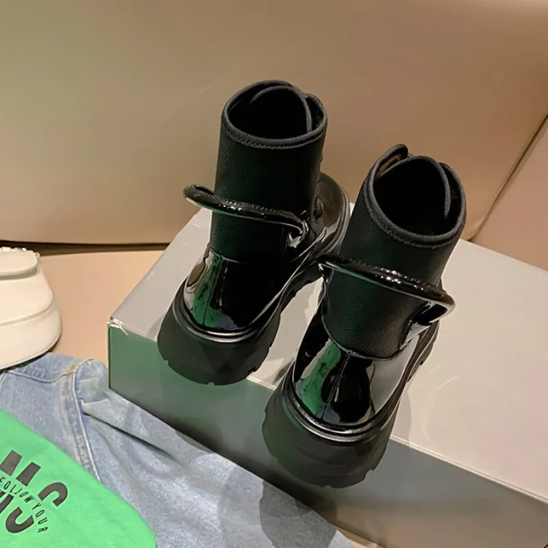 Women Lace Up Patent Leather Ankle Boots
