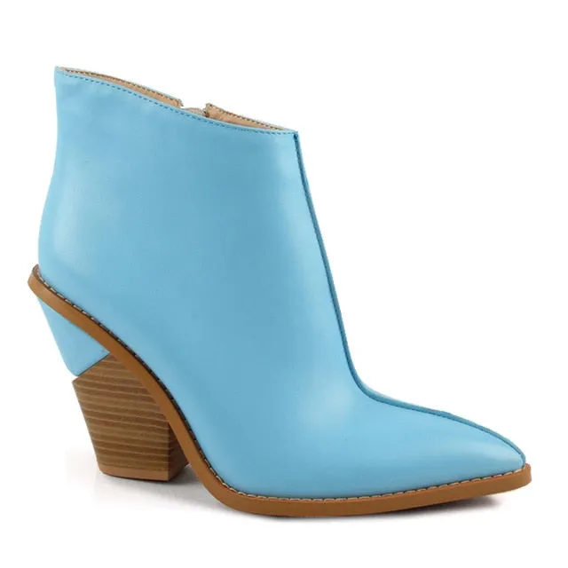 Women Thick High Heels Pointed Toe Western Cowboy Boots Female Black Blue Leather Shoes for Lady 2020