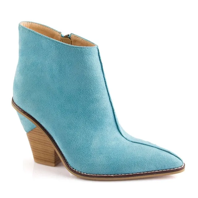 Women Thick High Heels Pointed Toe Western Cowboy Boots Female Black Blue Leather Shoes for Lady 2020