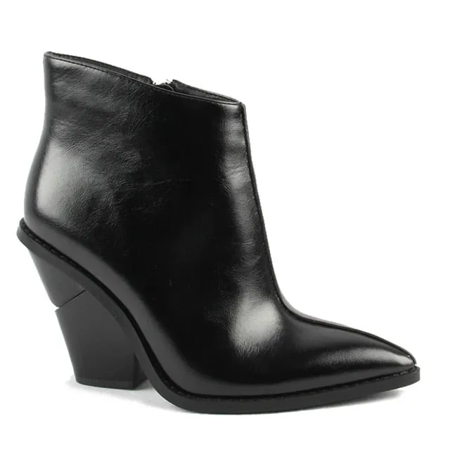 Women Thick High Heels Pointed Toe Western Cowboy Boots Female Black Blue Leather Shoes for Lady 2020