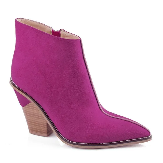 Women Thick High Heels Pointed Toe Western Cowboy Boots Female Black Blue Leather Shoes for Lady 2020