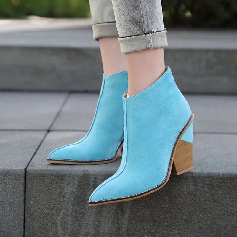 Women Thick High Heels Pointed Toe Western Cowboy Boots Female Black Blue Leather Shoes for Lady 2020