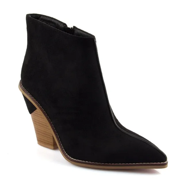 Women Thick High Heels Pointed Toe Western Cowboy Boots Female Black Blue Leather Shoes for Lady 2020