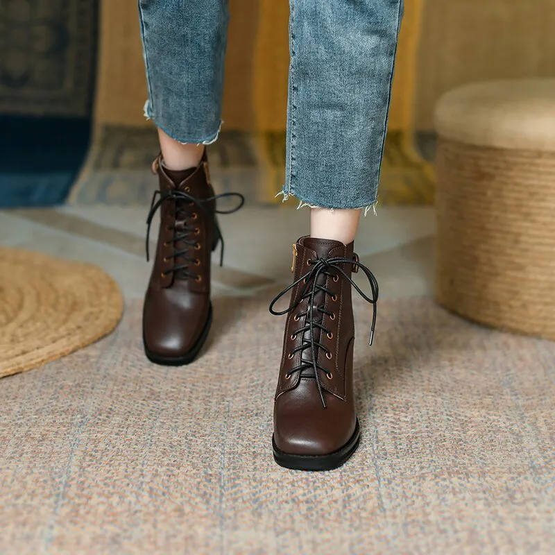 Women vintage cowhide chunky heels platform boots Knight boots