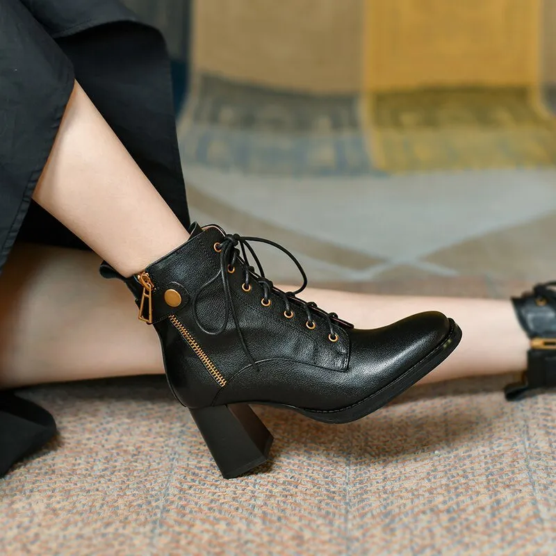 Women vintage cowhide chunky heels platform boots Knight boots