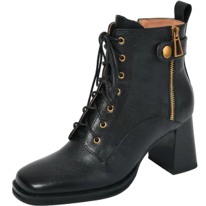 Women vintage cowhide chunky heels platform boots Knight boots