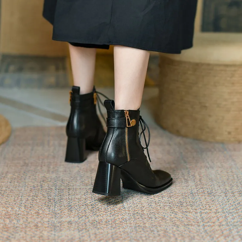 Women vintage cowhide chunky heels platform boots Knight boots