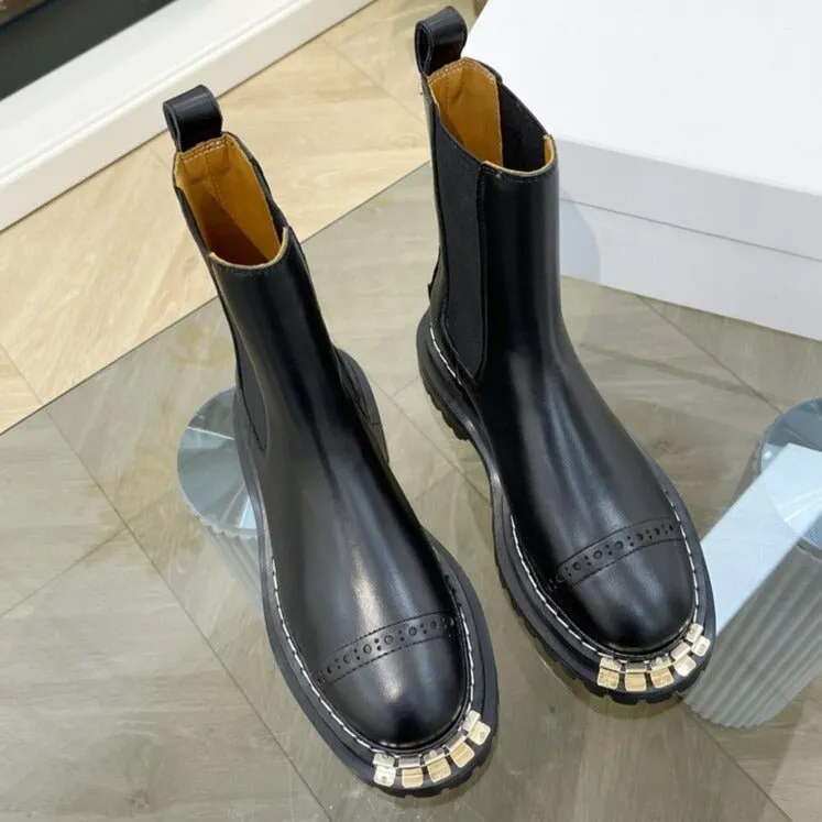 Women Winter Calfskin Leather Round Toe Ankle Boots