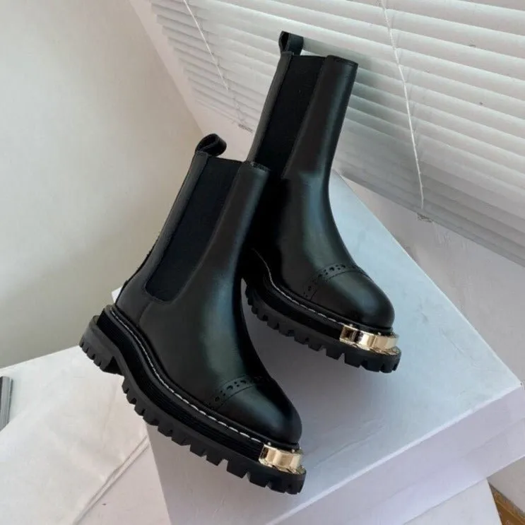 Women Winter Calfskin Leather Round Toe Ankle Boots