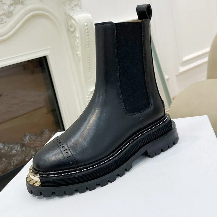 Women Winter Calfskin Leather Round Toe Ankle Boots