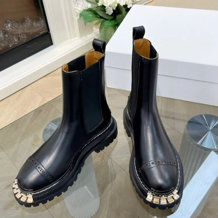 Women Winter Calfskin Leather Round Toe Ankle Boots