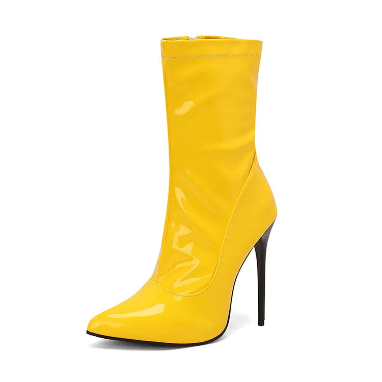 Women's Glossy Pointed Toe Thin Heel Mid Calf Boots