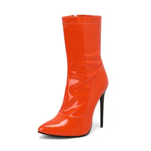 Women's Glossy Pointed Toe Thin Heel Mid Calf Boots