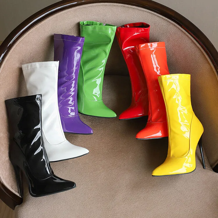 Women's Glossy Pointed Toe Thin Heel Mid Calf Boots