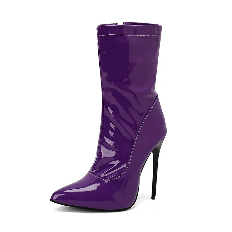 Women's Glossy Pointed Toe Thin Heel Mid Calf Boots