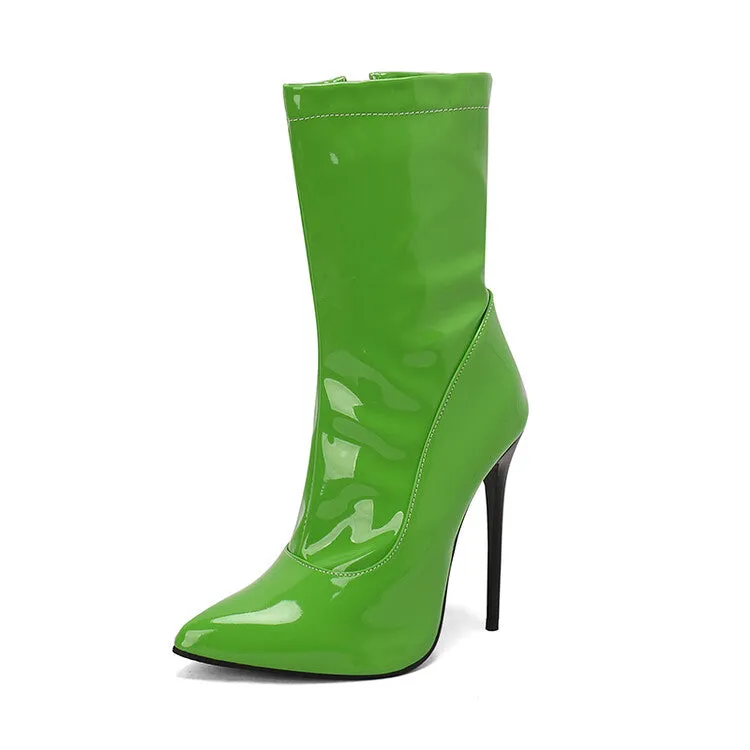 Women's Glossy Pointed Toe Thin Heel Mid Calf Boots