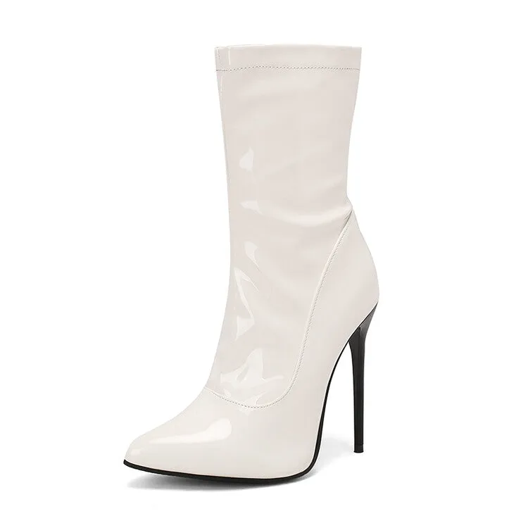 Women's Glossy Pointed Toe Thin Heel Mid Calf Boots