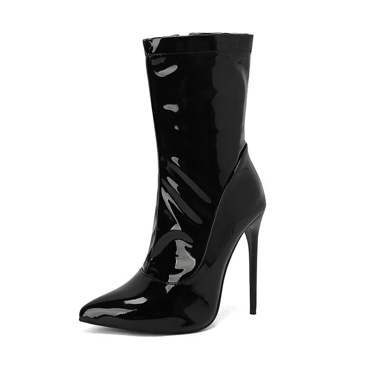 Women's Glossy Pointed Toe Thin Heel Mid Calf Boots