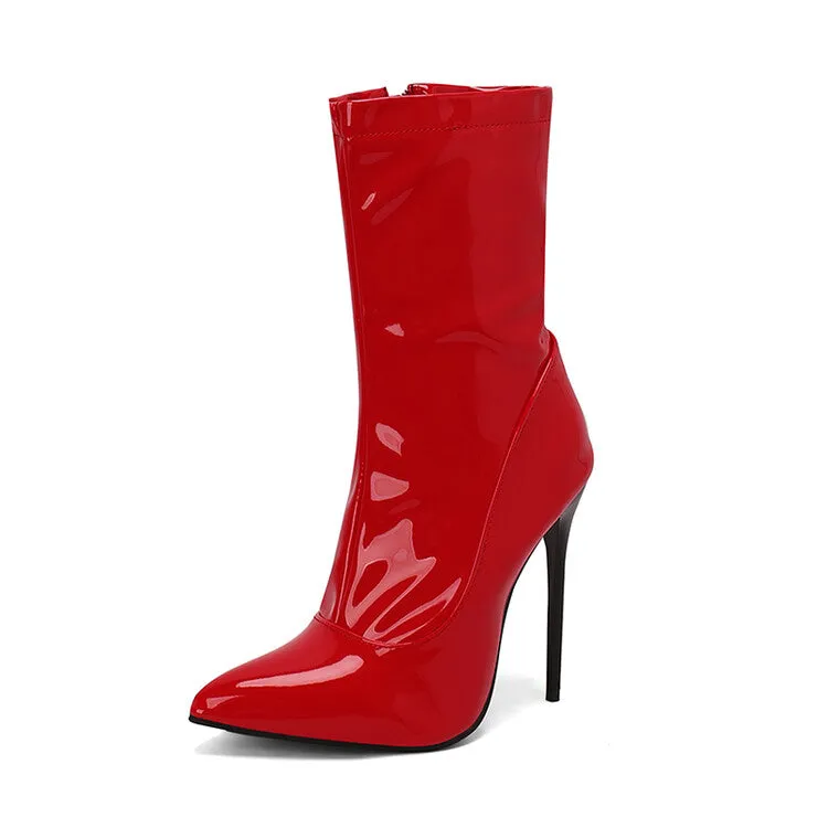 Women's Glossy Pointed Toe Thin Heel Mid Calf Boots