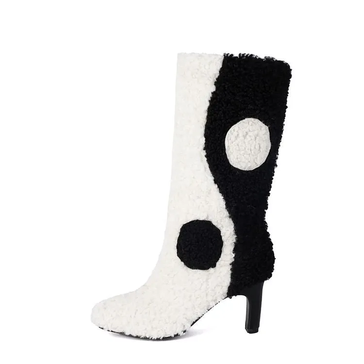 Women's Patchwork Round Toe High Heel Mid Calf Boots
