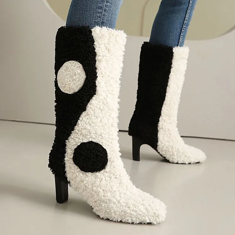 Women's Patchwork Round Toe High Heel Mid Calf Boots