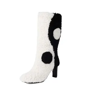 Women's Patchwork Round Toe High Heel Mid Calf Boots