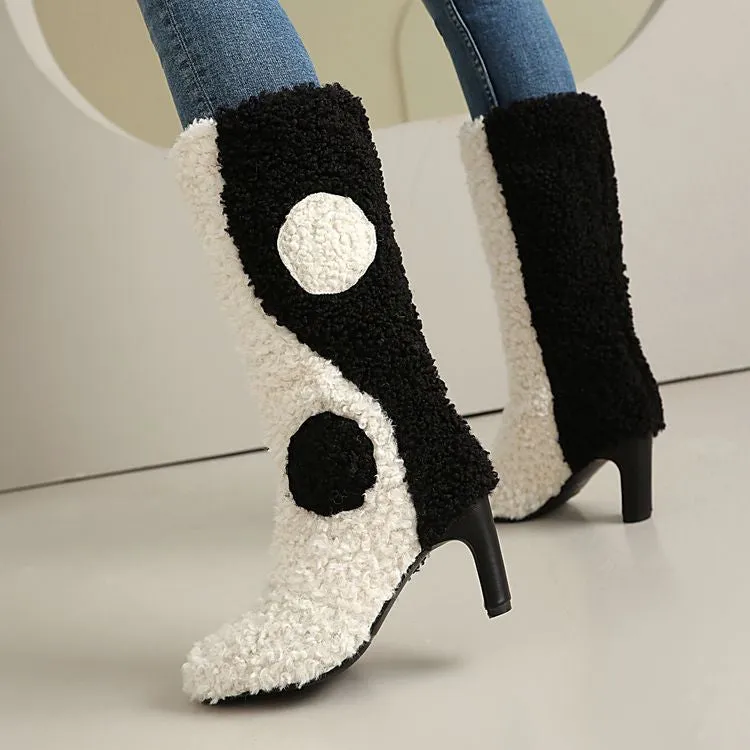 Women's Patchwork Round Toe High Heel Mid Calf Boots