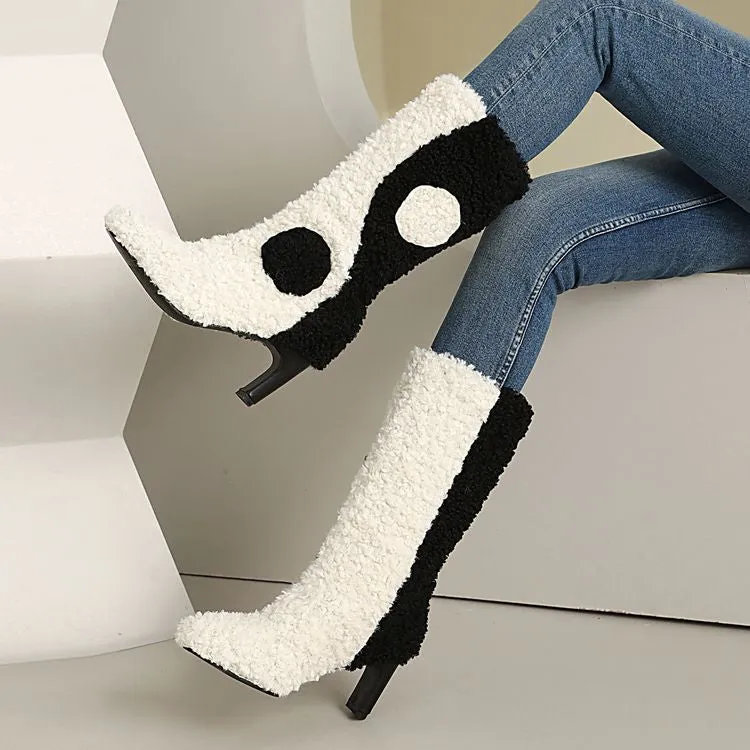 Women's Patchwork Round Toe High Heel Mid Calf Boots