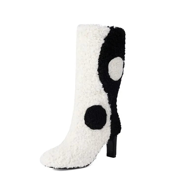Women's Patchwork Round Toe High Heel Mid Calf Boots