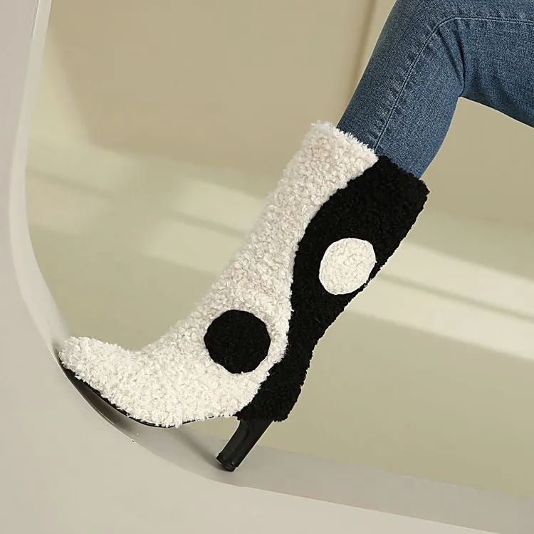 Women's Patchwork Round Toe High Heel Mid Calf Boots