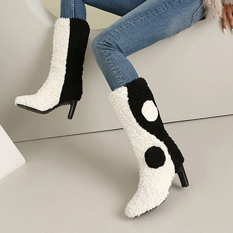 Women's Patchwork Round Toe High Heel Mid Calf Boots