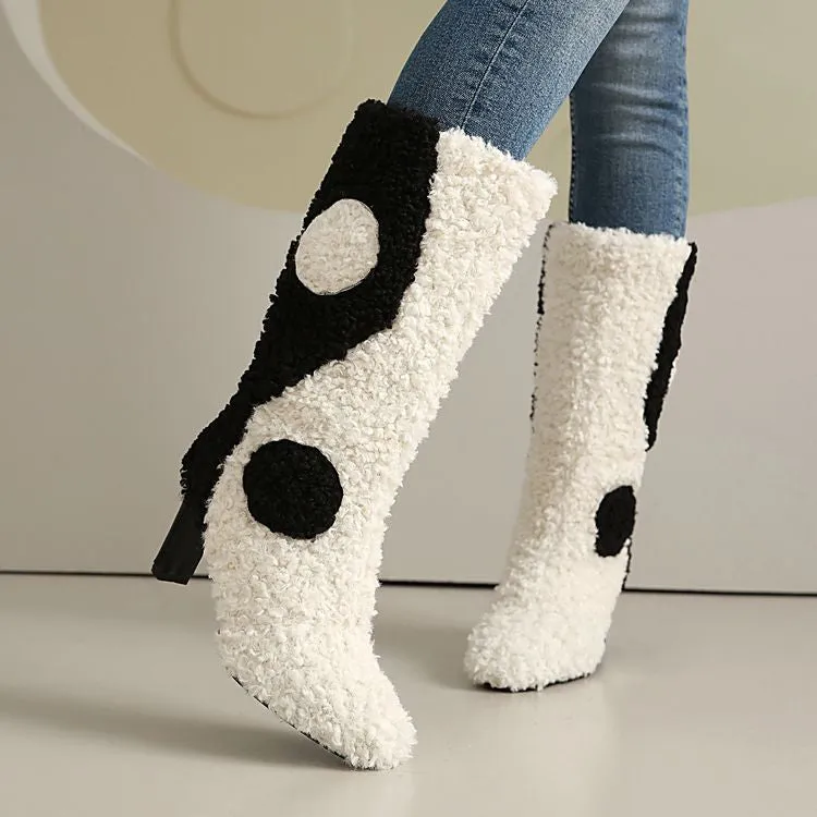 Women's Patchwork Round Toe High Heel Mid Calf Boots