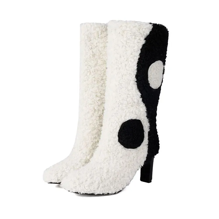 Women's Patchwork Round Toe High Heel Mid Calf Boots