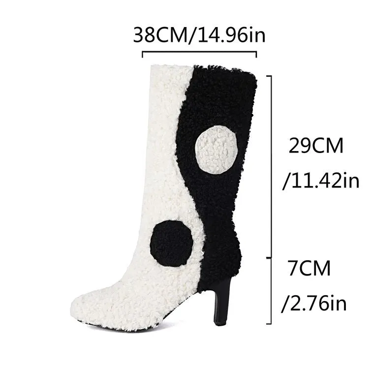 Women's Patchwork Round Toe High Heel Mid Calf Boots