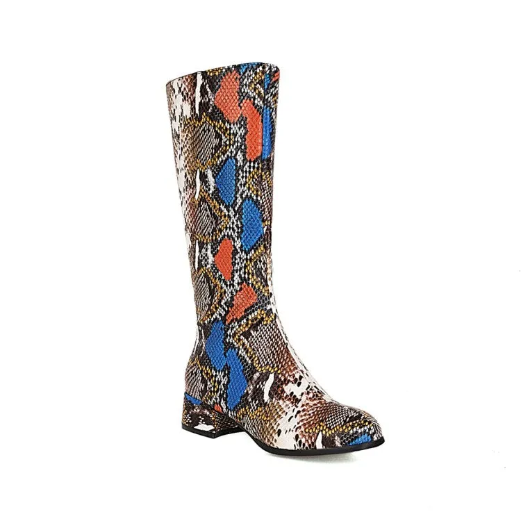 Women's Snake Printed Pointed Toe Side Zippers Block Chunky Heel Mid-Calf Boots