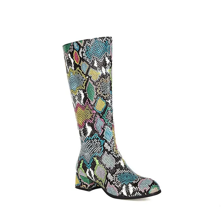 Women's Snake Printed Pointed Toe Side Zippers Block Chunky Heel Mid-Calf Boots