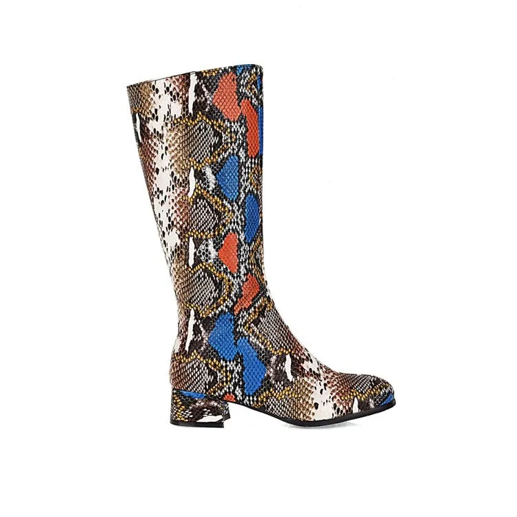 Women's Snake Printed Pointed Toe Side Zippers Block Chunky Heel Mid-Calf Boots