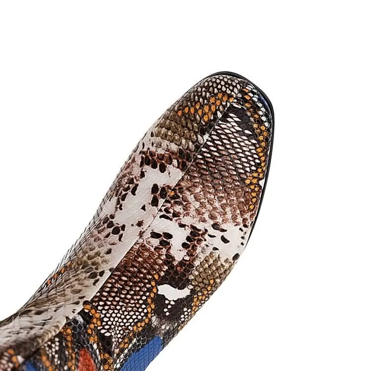 Women's Snake Printed Pointed Toe Side Zippers Block Chunky Heel Mid-Calf Boots