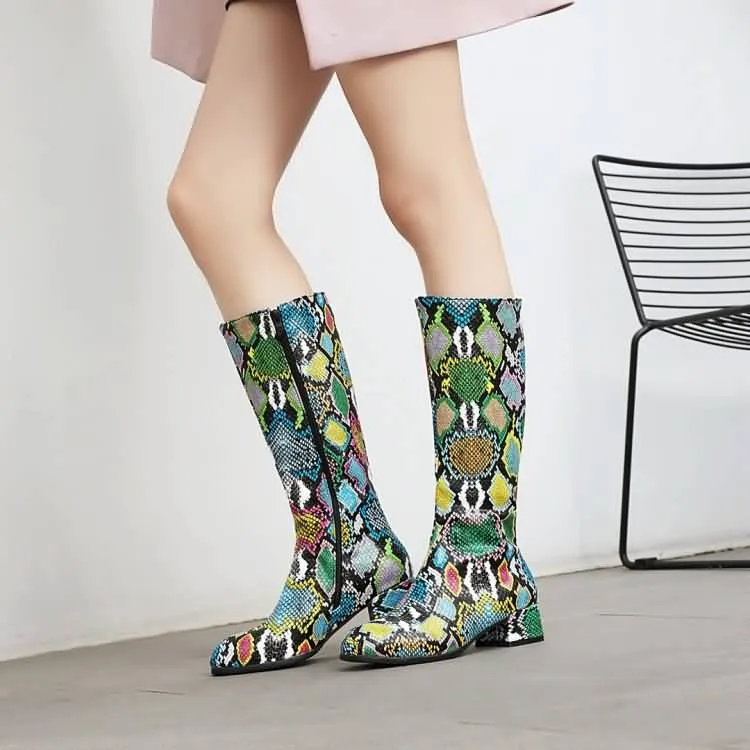 Women's Snake Printed Pointed Toe Side Zippers Block Chunky Heel Mid-Calf Boots