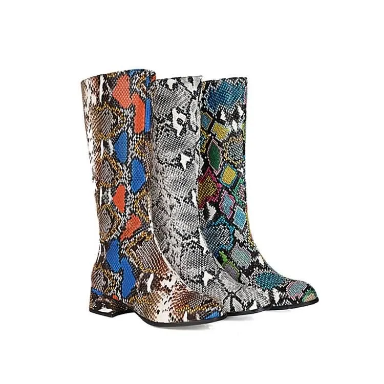 Women's Snake Printed Pointed Toe Side Zippers Block Chunky Heel Mid-Calf Boots