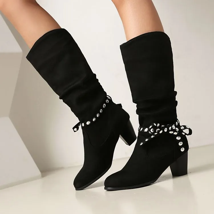 Women's Studded Round Toe High Heel Mid Calf Boots