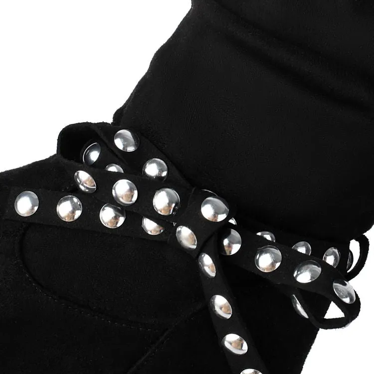 Women's Studded Round Toe High Heel Mid Calf Boots