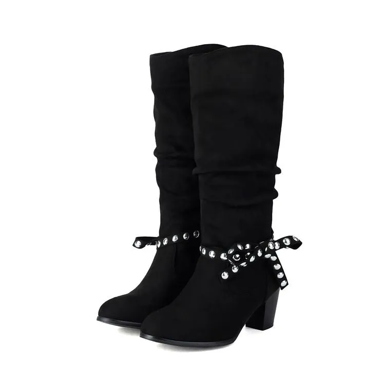 Women's Studded Round Toe High Heel Mid Calf Boots